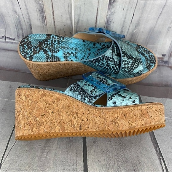 Donald Pliner Illiad Leather Snake Buckle Platform Cork Wedges Blue Black - Picture 7 of 13